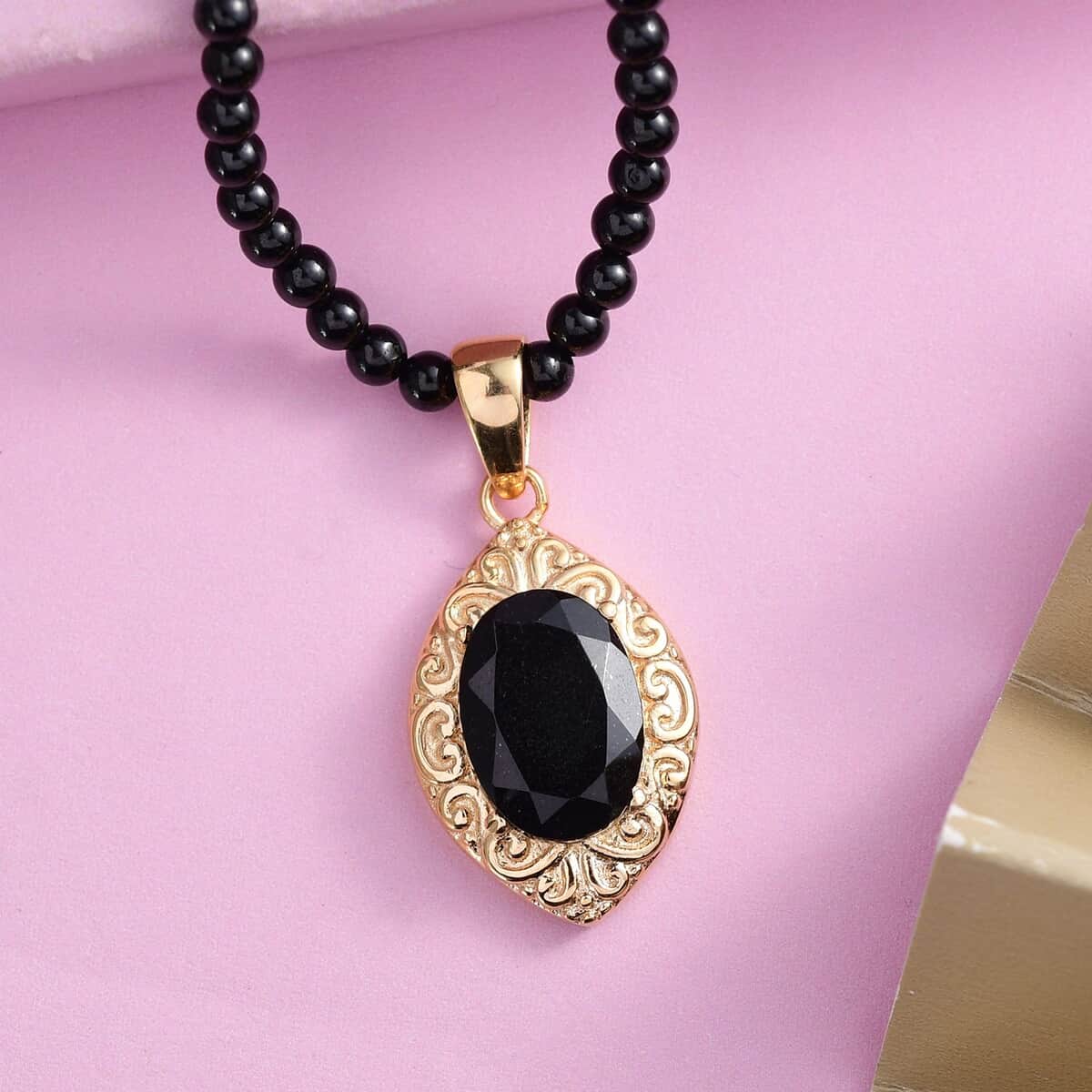 Australian Black Tourmaline Pendant with Black Quartzite Beaded Necklace 20 Inches in ION Plated Yellow Gold Steel and Stainless Steel 62.00 ctw image number 3