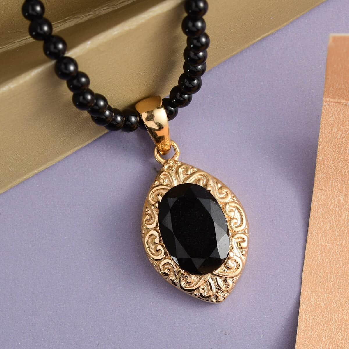 Australian Black Tourmaline Pendant with Black Quartzite Beaded Necklace 20 Inches in ION Plated Yellow Gold Steel and Stainless Steel 62.00 ctw image number 4