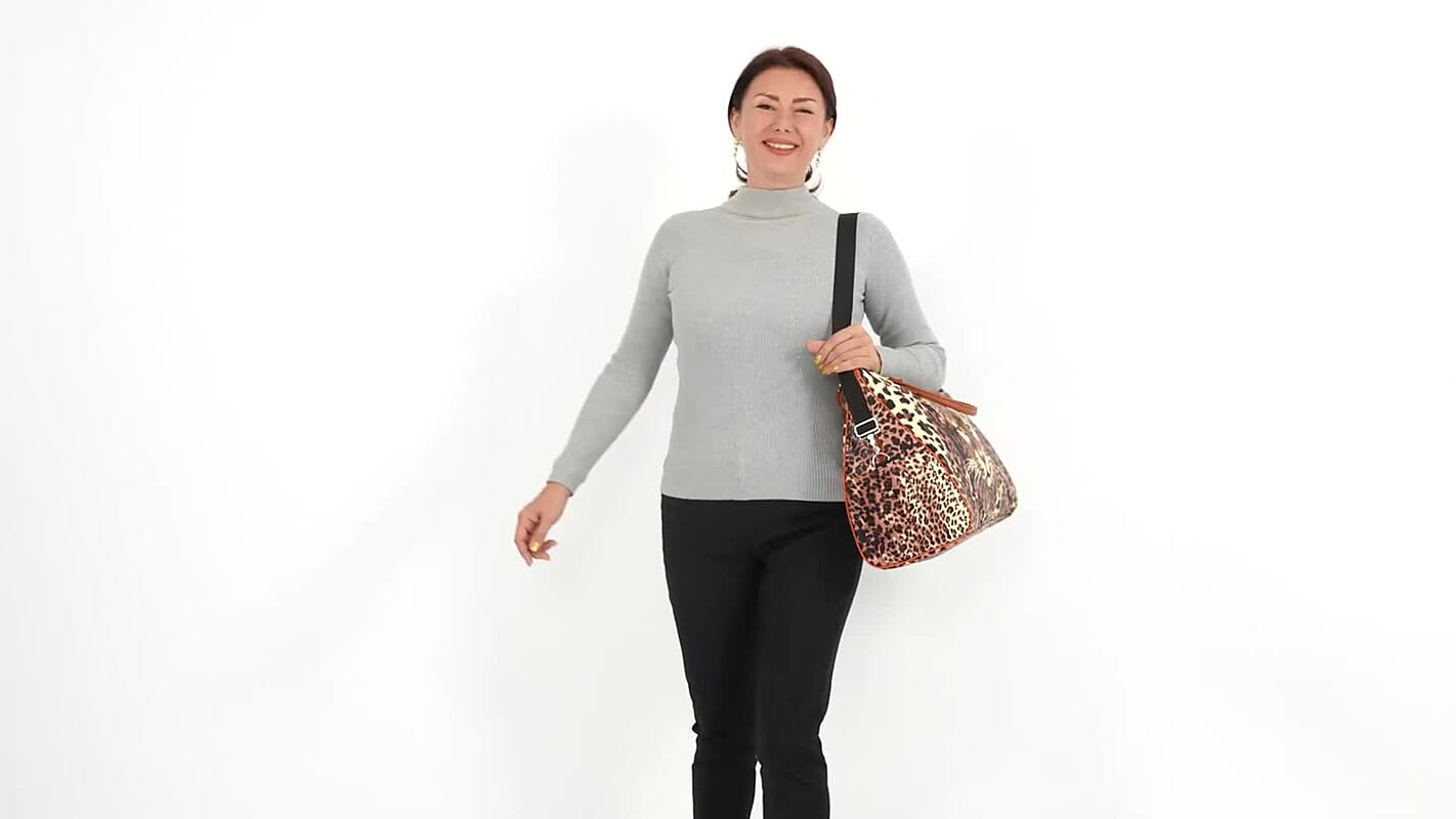 TLV Black and Brown Leopard Pattern Tote Bag (16.93"x7.87"x14.96") with 40" Shoulder Strap