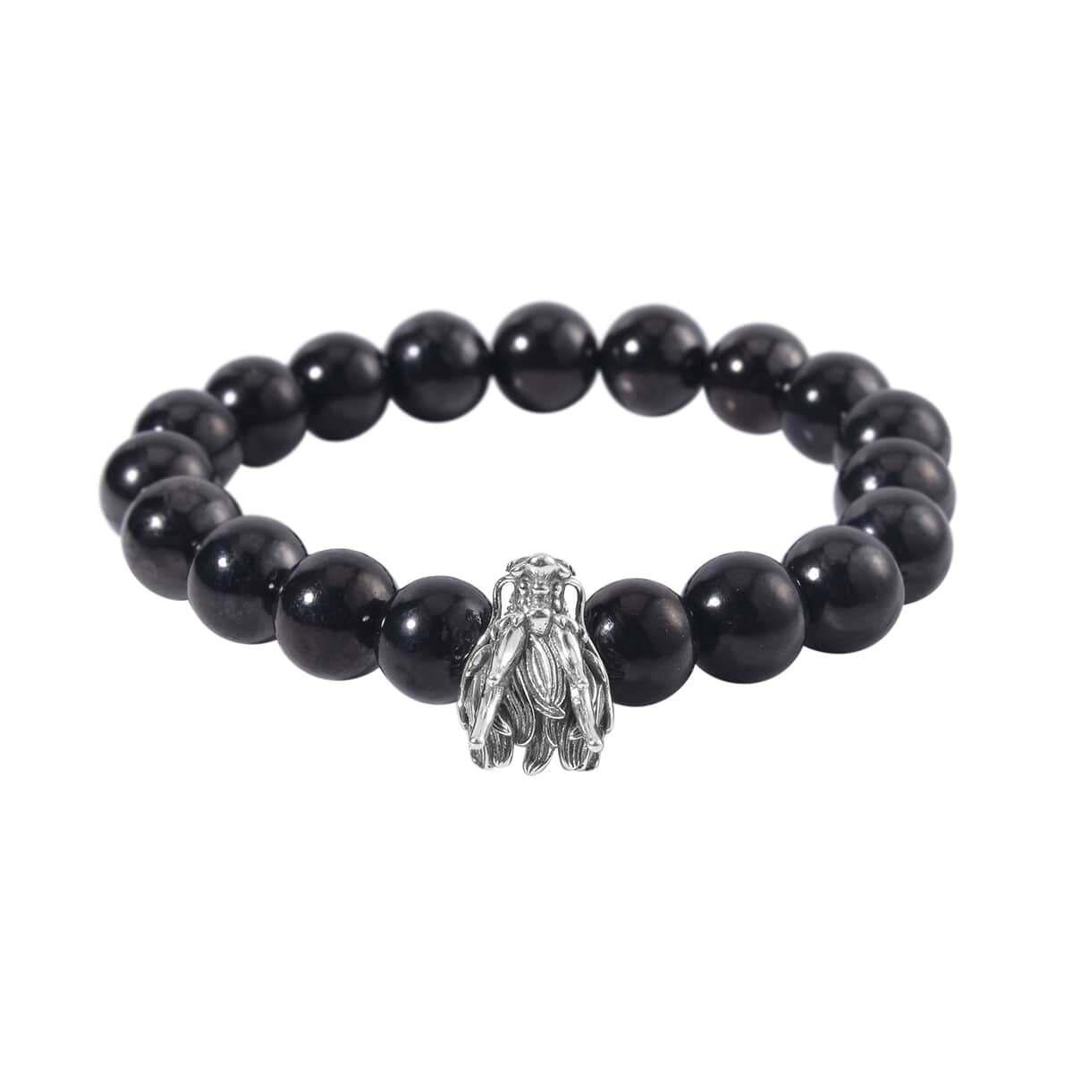 Shungite Beaded Stretch Bracelet with Dragon Charm in Black Oxidized Sterling Silver 133.50 ctwc image number 0