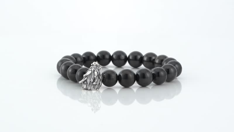 Shungite Beaded Stretch Bracelet with Dragon Charm in Black Oxidized Sterling Silver 133.50 ctwc