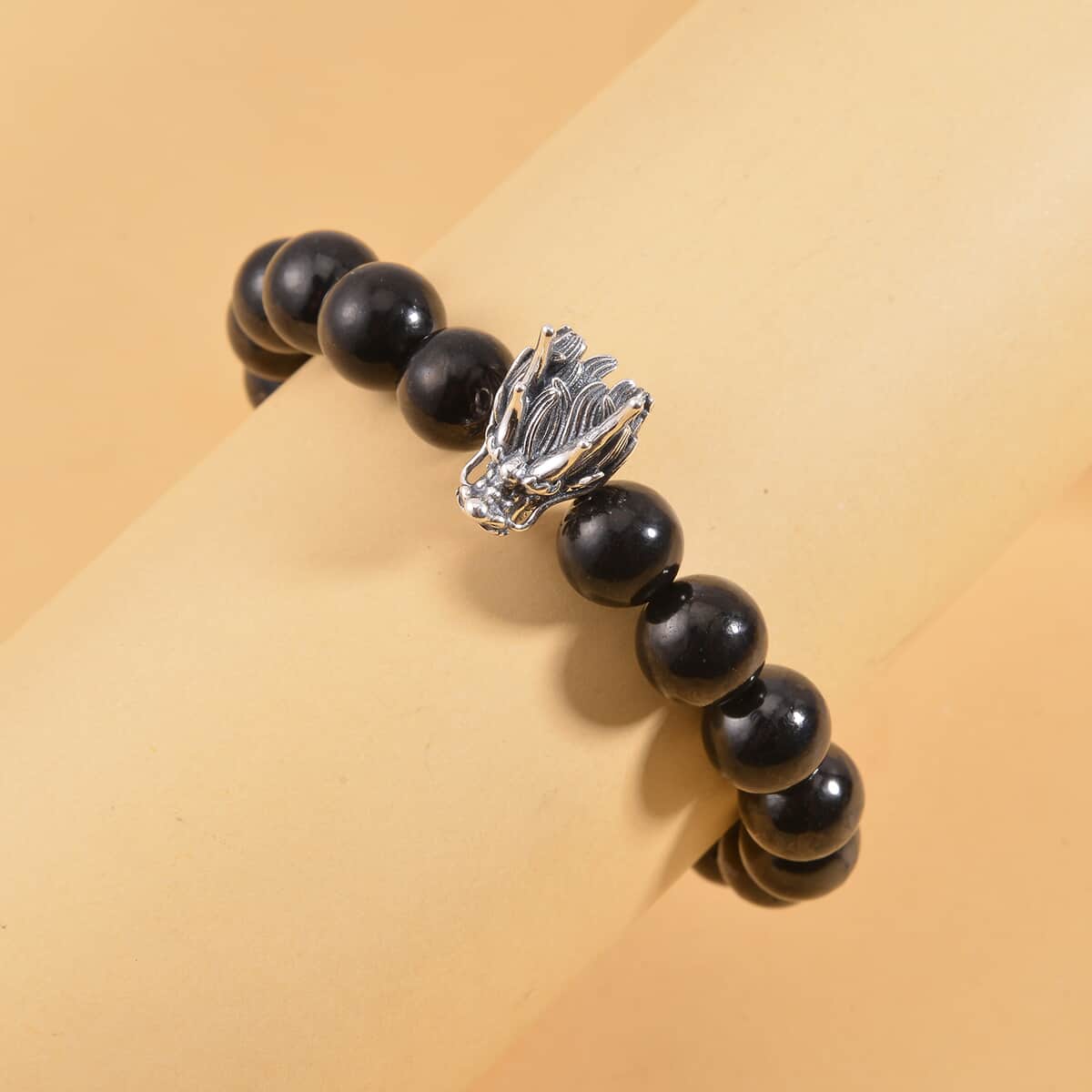 Shungite Beaded Stretch Bracelet with Dragon Charm in Black Oxidized Sterling Silver 133.50 ctw image number 1