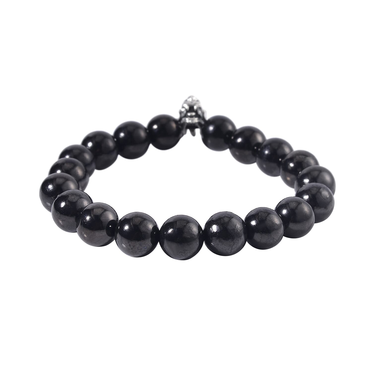 Shungite Beaded Stretch Bracelet with Dragon Charm in Black Oxidized Sterling Silver 133.50 ctw