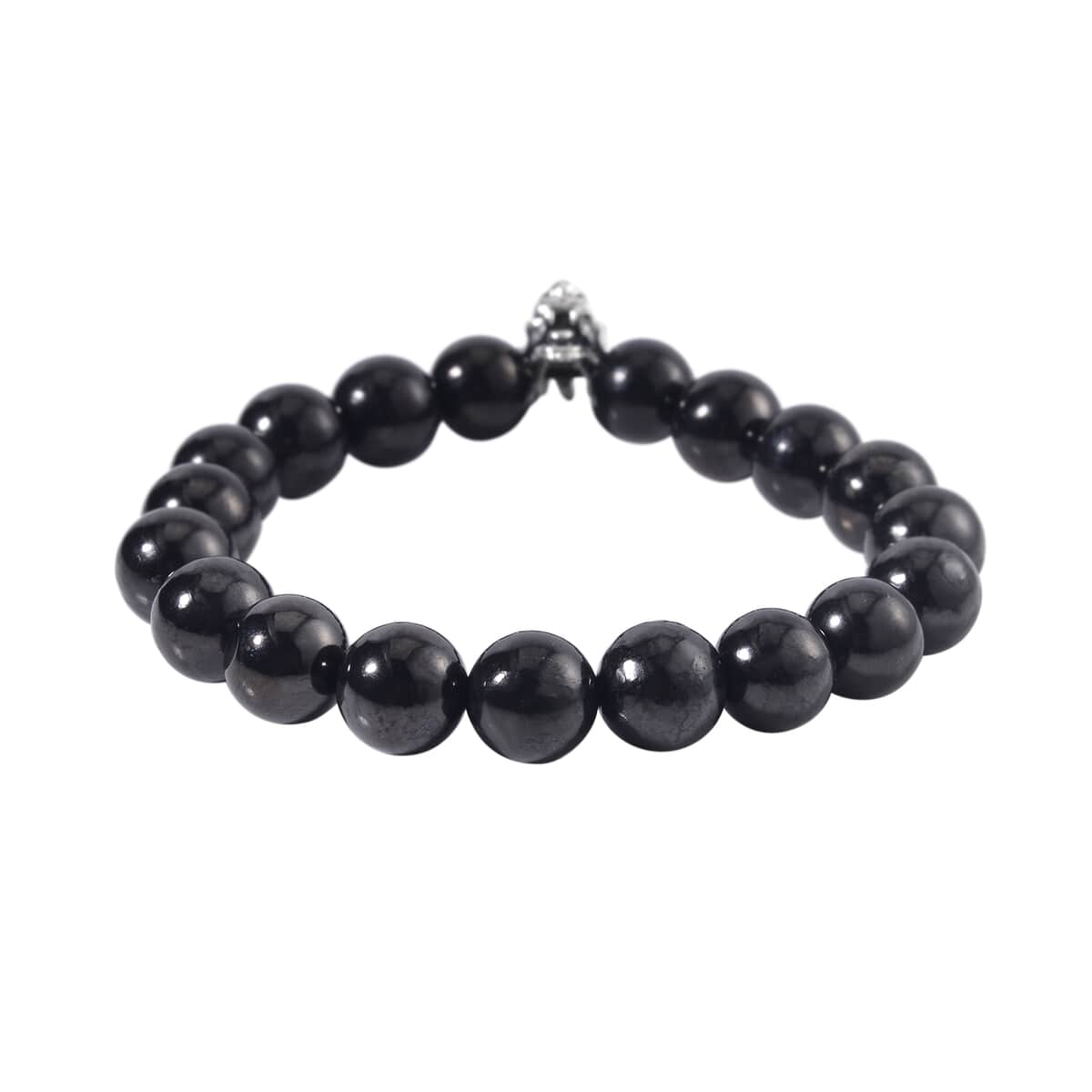 Shungite Beaded Stretch Bracelet with Dragon Charm in Black Oxidized Sterling Silver 133.50 ctw image number 2