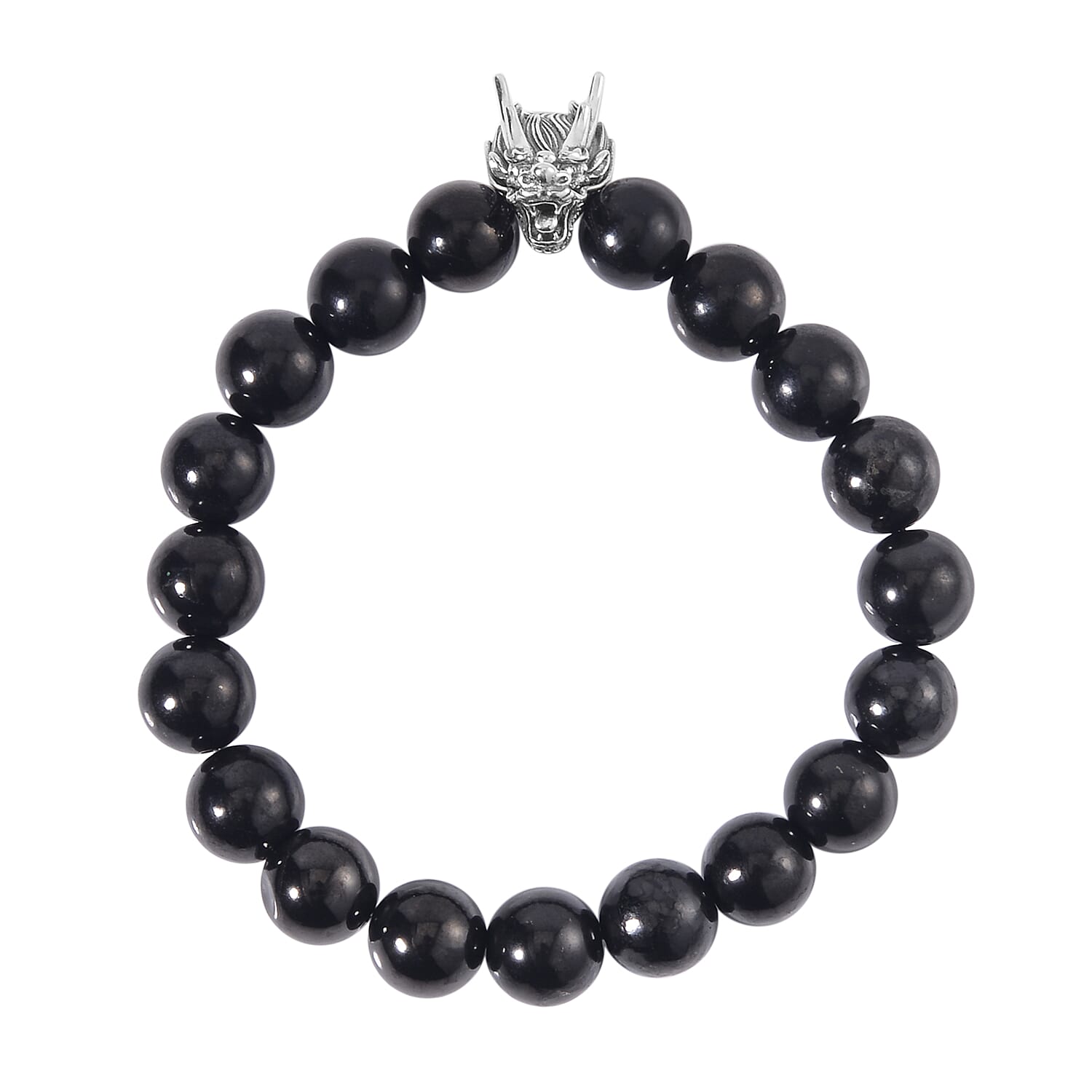 Shungite Beaded Stretch Bracelet with Dragon Charm in Black Oxidized Sterling Silver 133.50 ctw