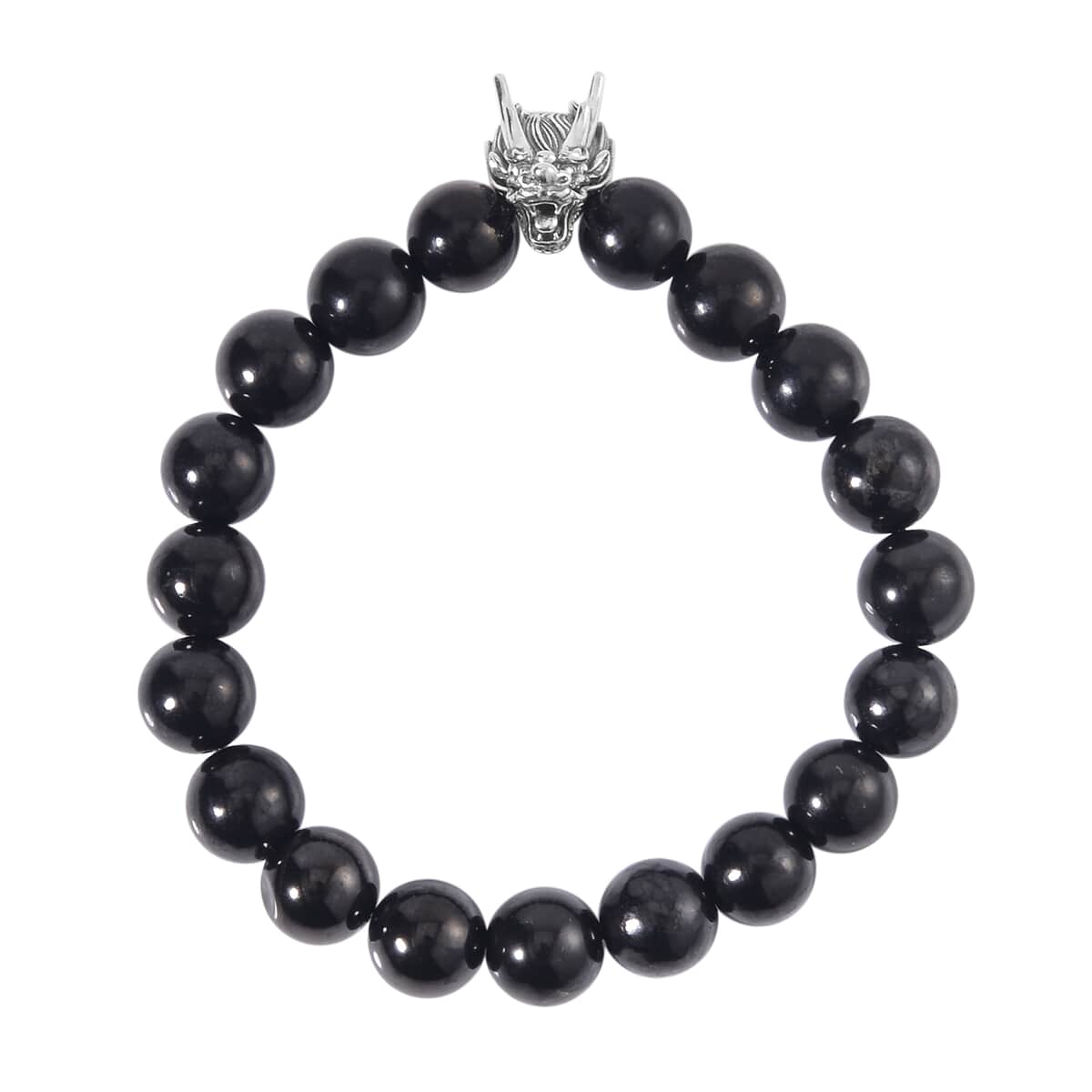 Shungite Beaded Stretch Bracelet with Dragon Charm in Black Oxidized Sterling Silver 133.50 ctw image number 3