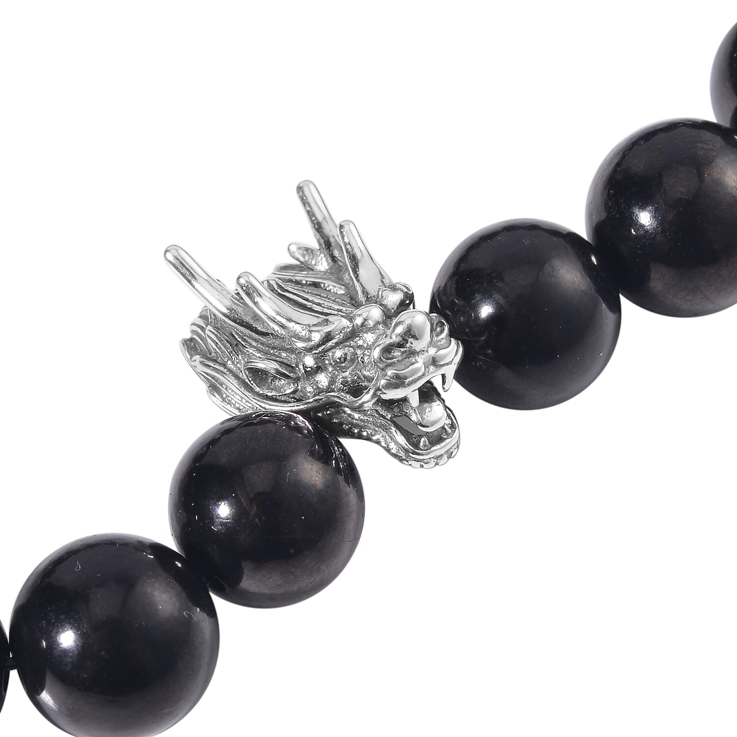Shungite Beaded Stretch Bracelet with Dragon Charm in Black Oxidized Sterling Silver 133.50 ctw