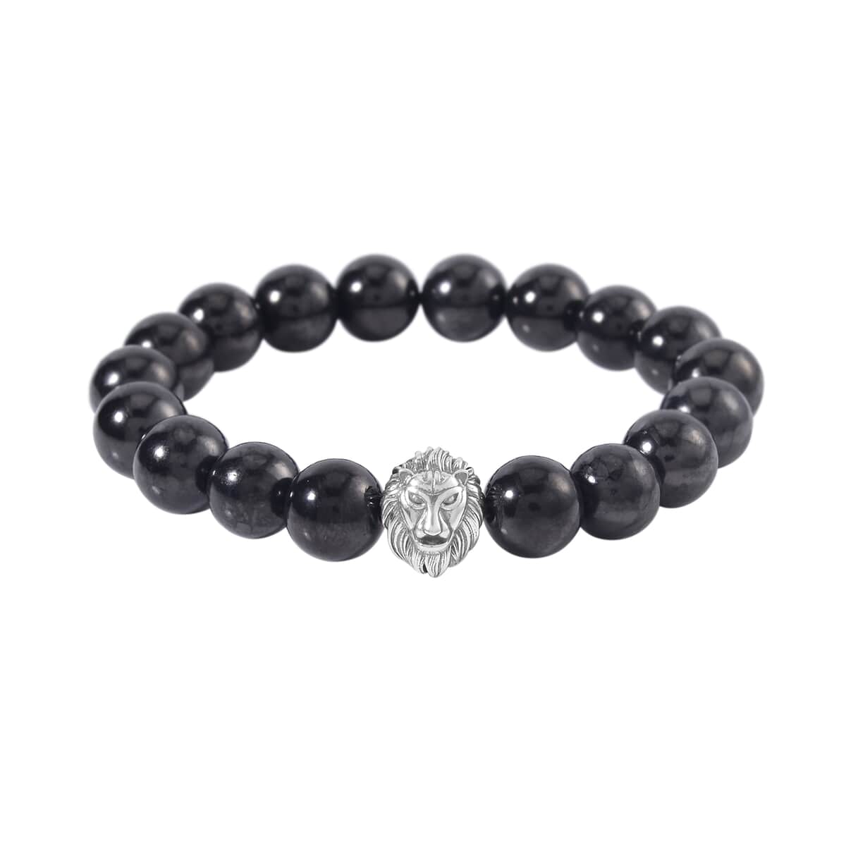 Shungite Beaded Stretch Bracelet with Lion Charm in Black Oxidized Sterling Silver 103.00 ctw image number 0