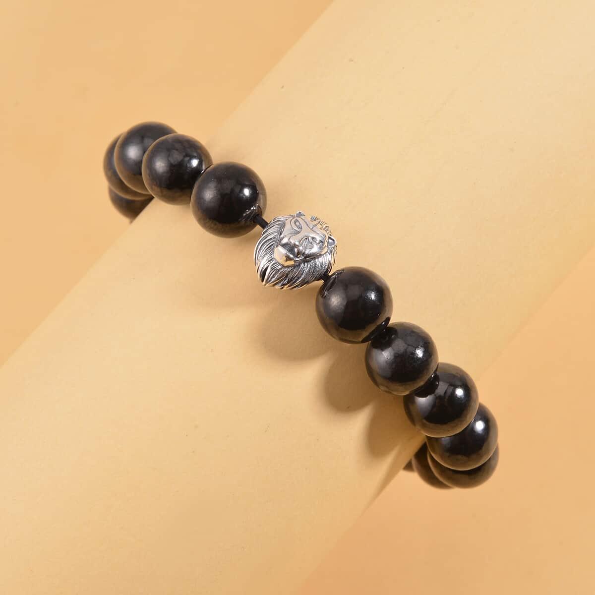 Shungite Beaded Stretch Bracelet with Lion Charm in Black Oxidized Sterling Silver 103.00 ctw image number 1