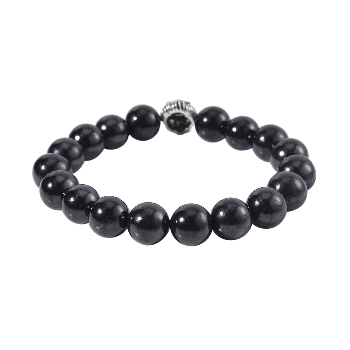 Shungite Beaded Stretch Bracelet with Lion Charm in Black Oxidized Sterling Silver 103.00 ctw image number 2