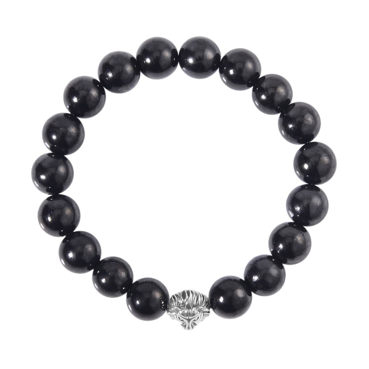 Shungite Beaded Stretch Bracelet with Lion Charm in Black Oxidized Sterling Silver 103.00 ctw image number 3