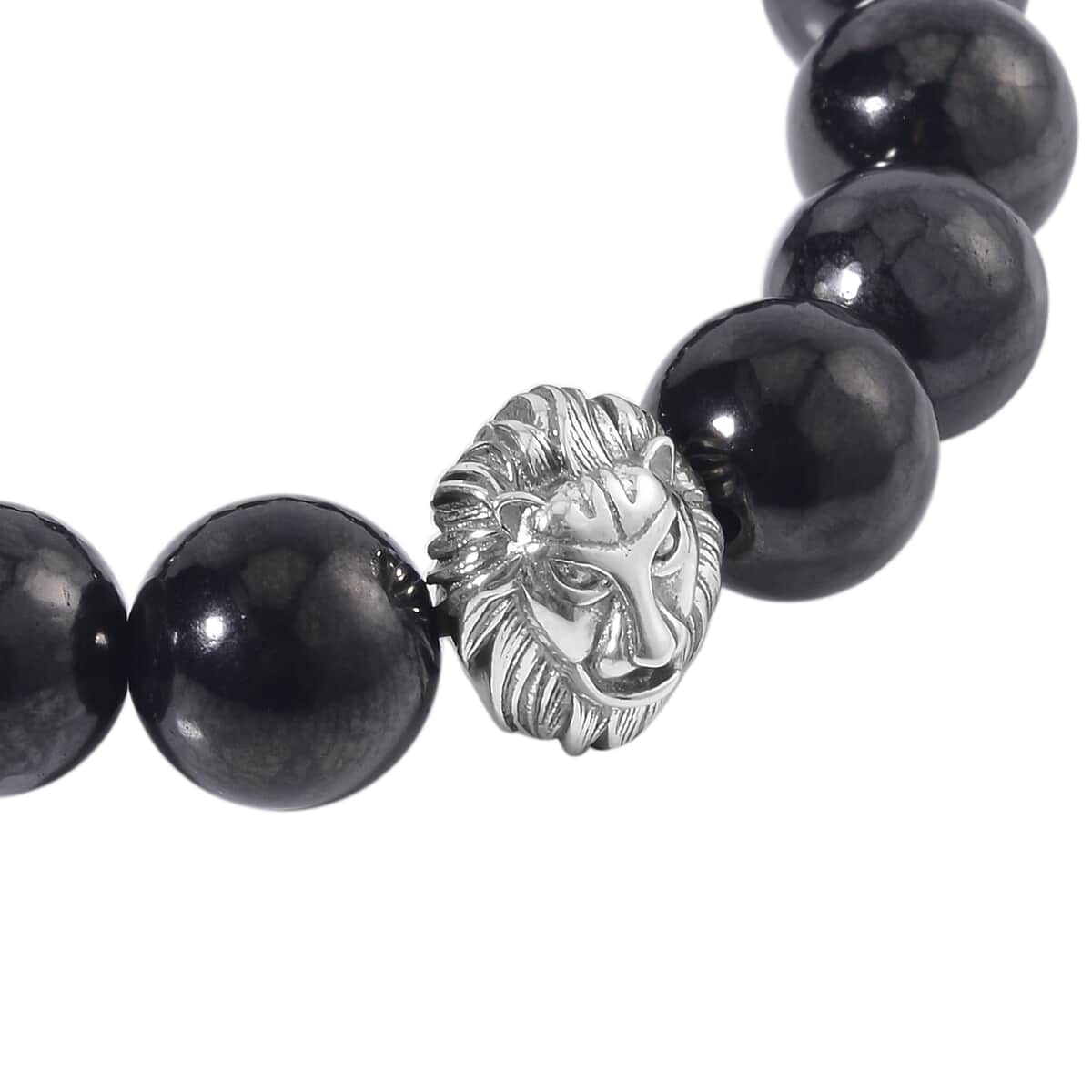 Shungite Beaded Stretch Bracelet with Lion Charm in Black Oxidized Sterling Silver 103.00 ctw image number 4