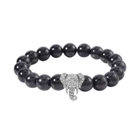 Shungite Beaded Stretch Bracelet with Elephant Charm in Black Oxidized Sterling Silver 107.00 ctw image number 0
