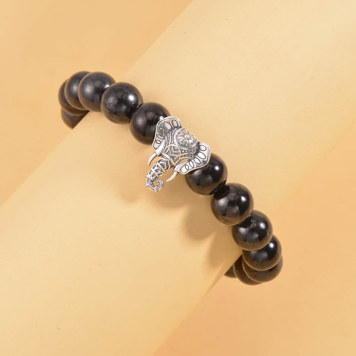 Shungite Beaded Stretch Bracelet with Elephant Charm in Black Oxidized Sterling Silver 107.00 ctw image number 1