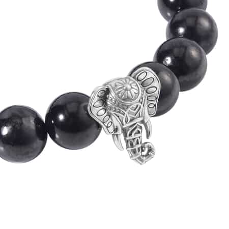 Shungite Beaded Stretch Bracelet with Elephant Charm in Black Oxidized Sterling Silver 107.00 ctw image number 4