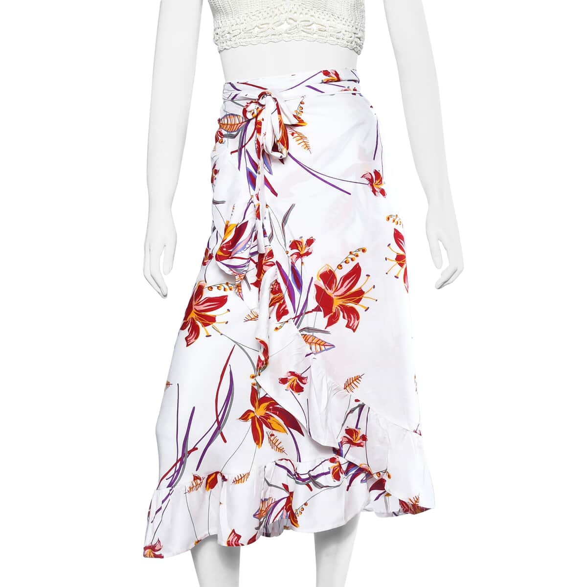 White, Floral Printed Wrap Around Skirt (Rayon, One Size Fits Most) image number 0