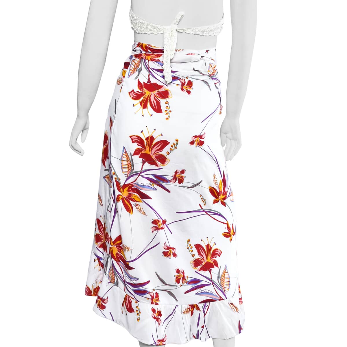 White, Floral Printed Wrap Around Skirt (Rayon, One Size Fits Most) image number 1