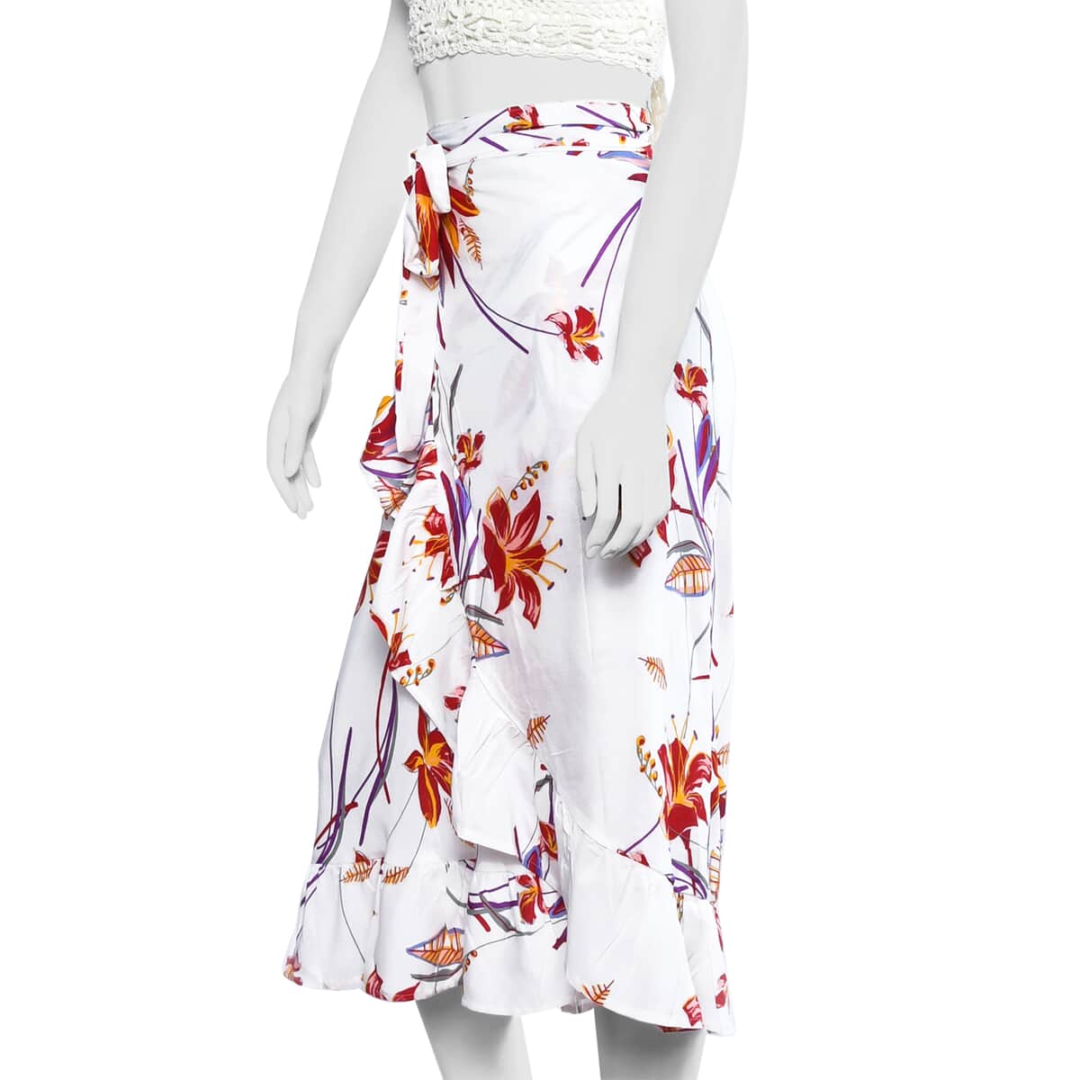 White, Floral Printed Wrap Around Skirt (Rayon, One Size Fits Most) image number 2