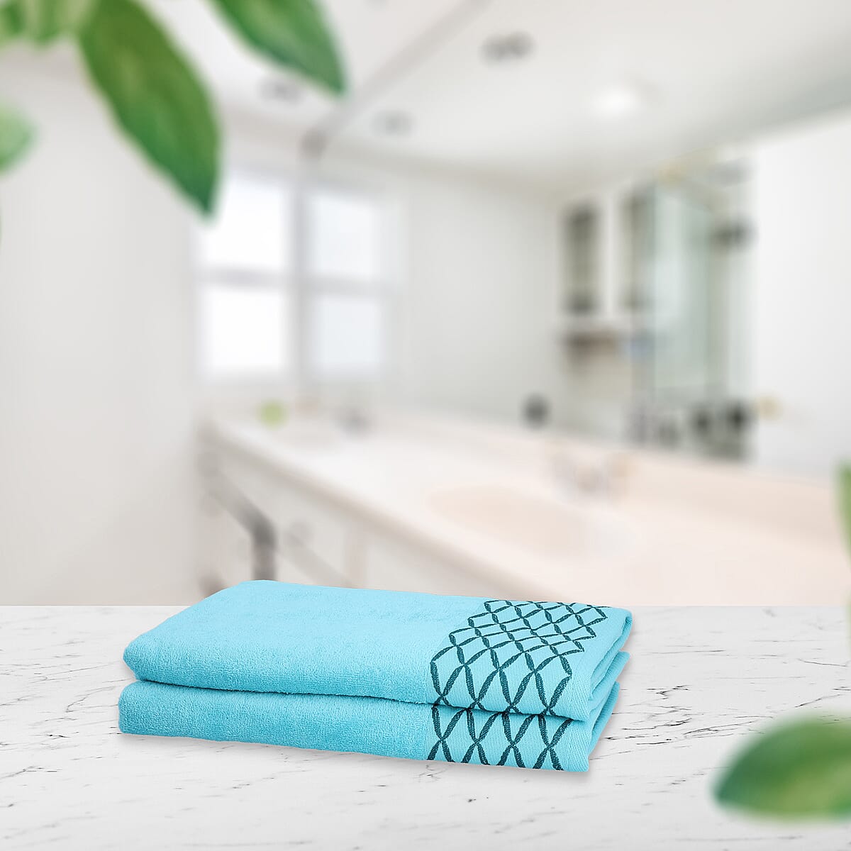 Set of 2 Aqua Dyed Jacquard Velour Bath Towels (100% Cotton) image number 1