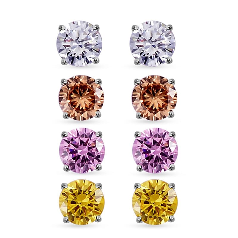 Lustro Stella Set of 4 Stud Earrings, Finest Multi Color CZ 10.00 ctw Earrings Set, Solitaire Stud Earrings Set, Set of Sterling Silver Earrings