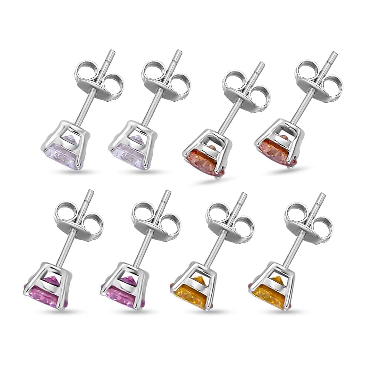 Lustro Stella Set of 4 Stud Earrings, Finest Multi Color CZ Earrings Set, Solitaire Stud Earrings Set, Set of Sterling Silver Earrings 10.00 ctw image number 3