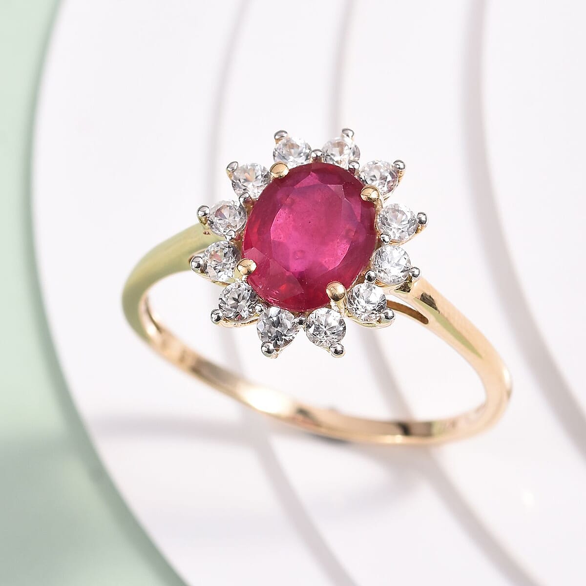10K Yellow Gold AA Niassa Ruby and Zircon Floral Ring (Size 9.0) 2.30 Grams 3.50 ctw image number 1