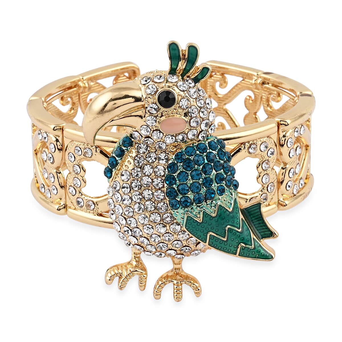Multi Color Austrian Crystal Enameled Cuff Bracelet 7 Inch and Brooch in Goldtone image number 0