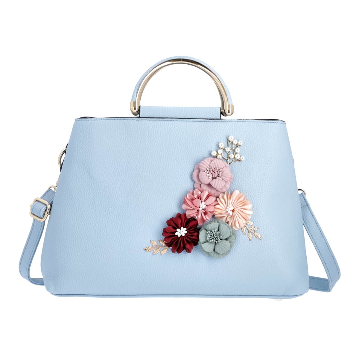 Sky Blue Faux Leather 3D Floral Pattern Trapezoid Handbag with Detachable Shoulder Strap image number 0