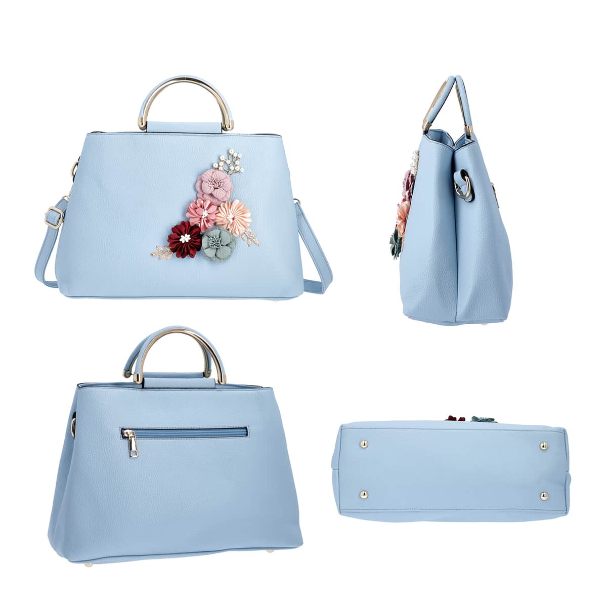 Sky Blue Faux Leather 3D Floral Pattern Trapezoid Handbag with Detachable Shoulder Strap image number 1