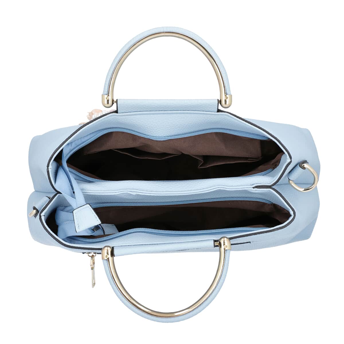 Sky Blue Faux Leather 3D Floral Pattern Trapezoid Handbag with Detachable Shoulder Strap image number 2