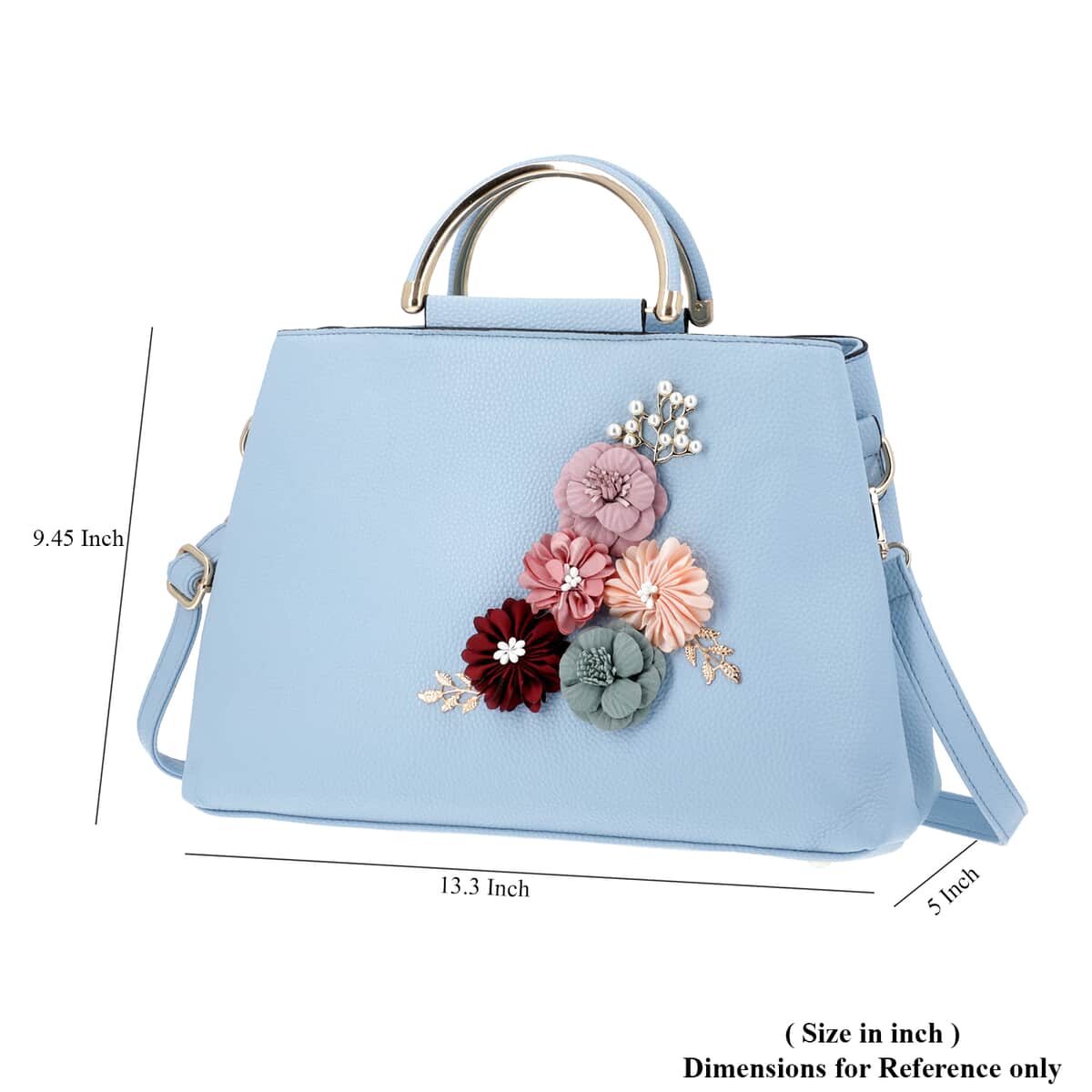 Sky Blue Faux Leather 3D Floral Pattern Trapezoid Handbag with Detachable Shoulder Strap image number 3