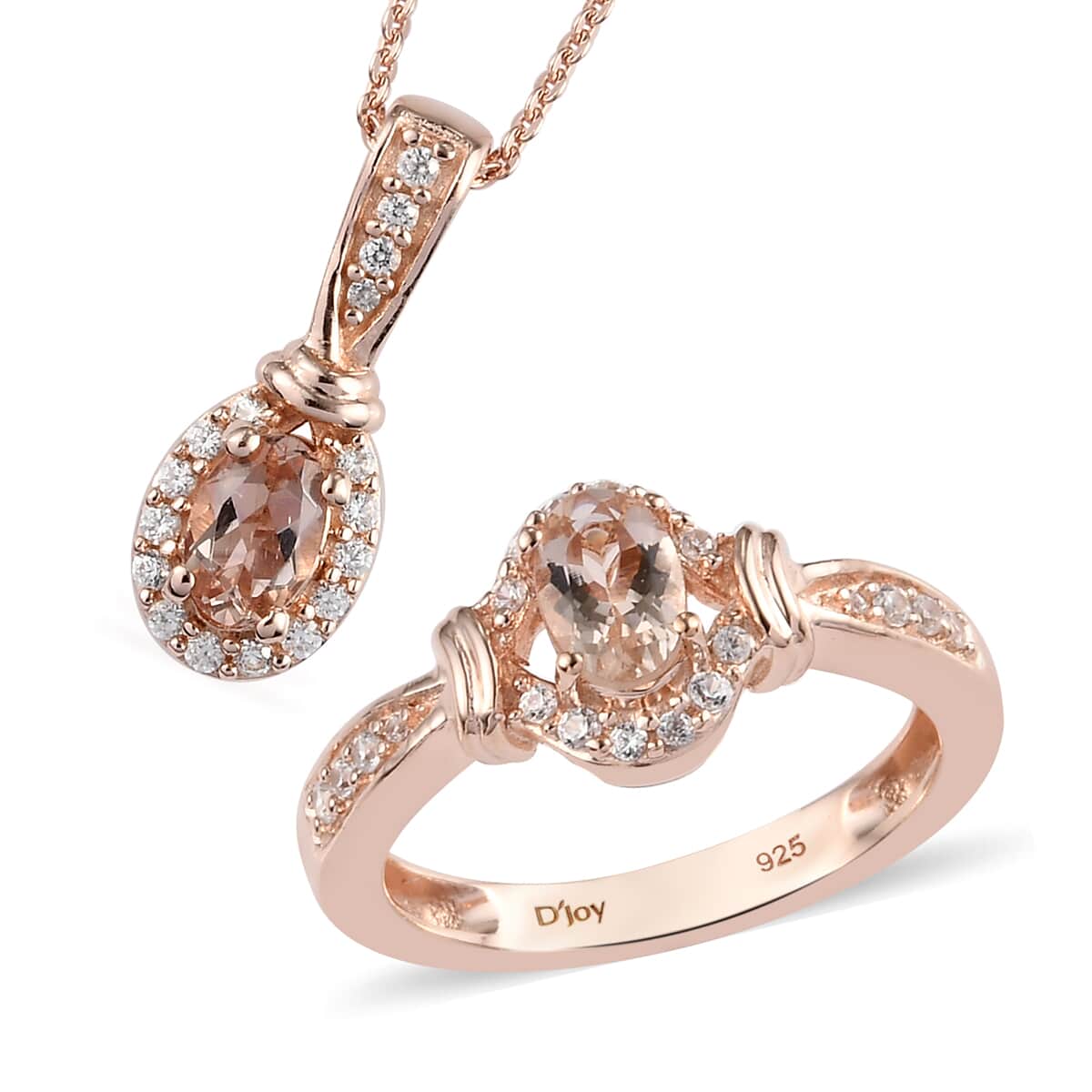 Marropino Morganite and Natural White Zircon Ring (Size 6.0) and Pendant Necklace 20 Inches in Vermeil Rose Gold Over Sterling Silver 1.25 ctw image number 0