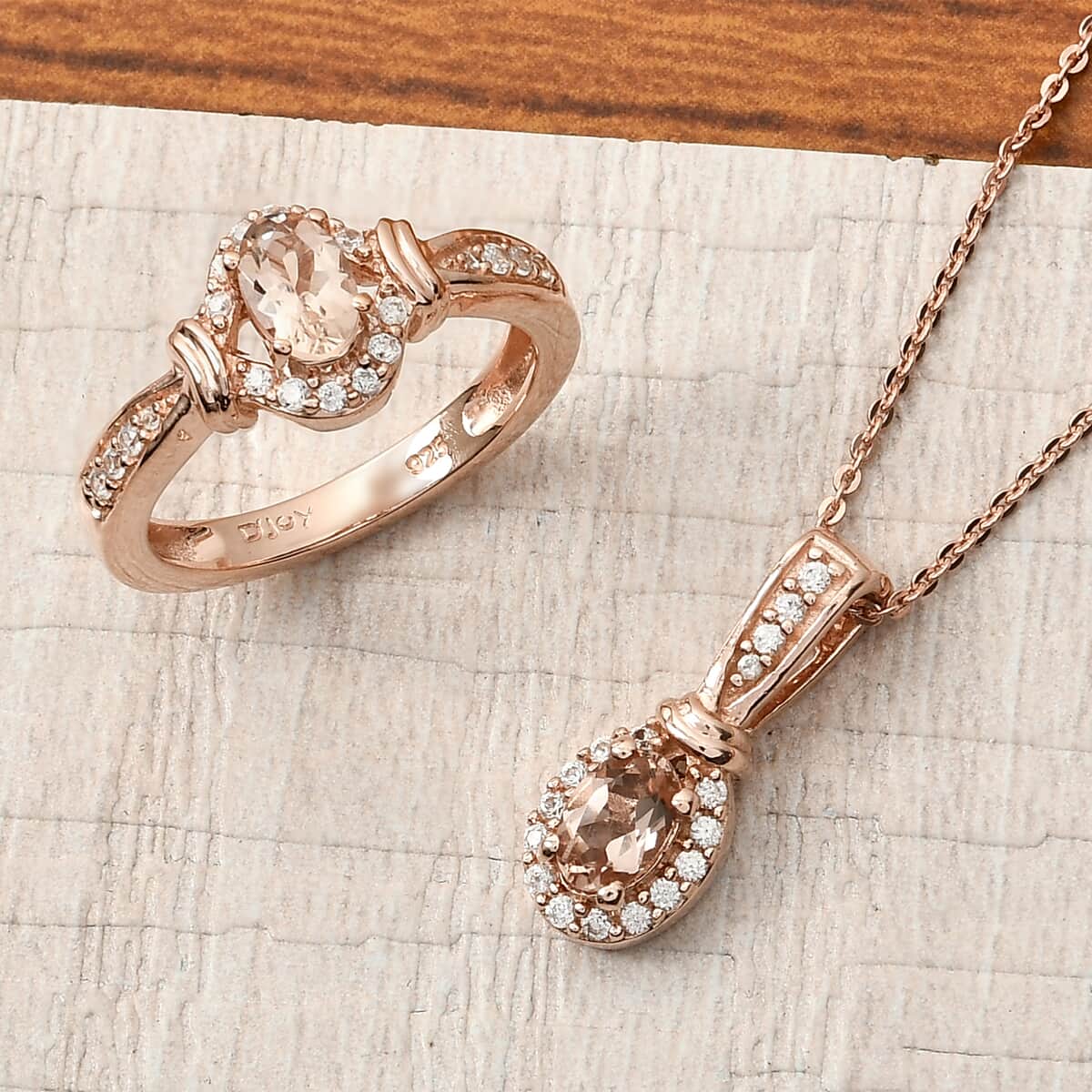 Marropino Morganite and Natural White Zircon Ring (Size 6.0) and Pendant Necklace 20 Inches in Vermeil Rose Gold Over Sterling Silver 1.25 ctw image number 1