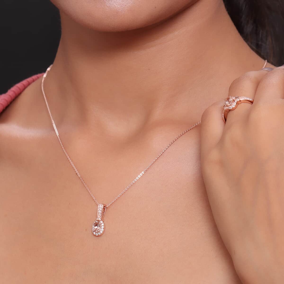 Marropino Morganite and Natural White Zircon Ring (Size 6.0) and Pendant Necklace 20 Inches in Vermeil Rose Gold Over Sterling Silver 1.25 ctw image number 2