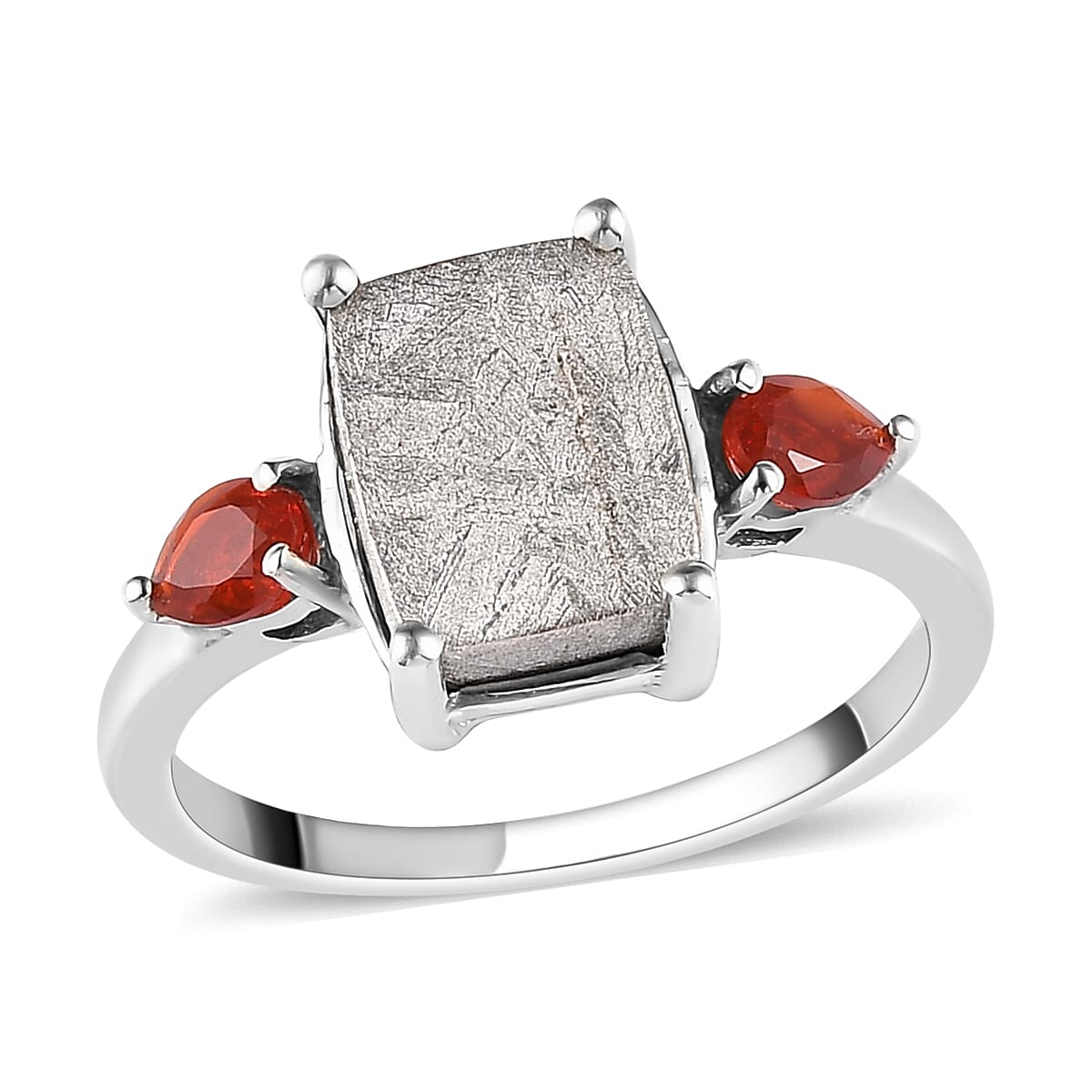 Marvelous Meteorite and Mexican Fire Opal 3 Stone Ring in Platinum Over Sterling Silver (Size 10.0) 0.25 ctw