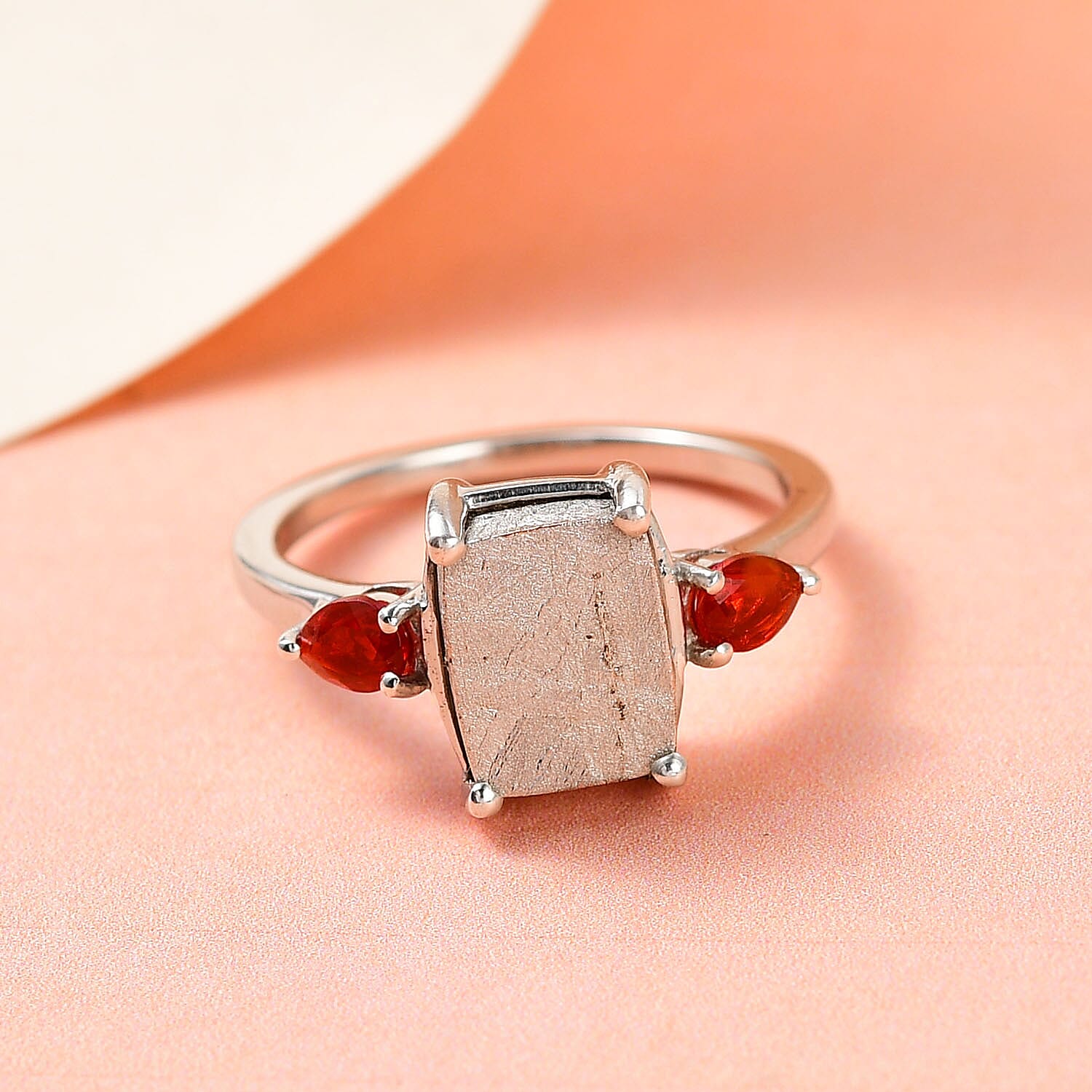 Marvelous Meteorite and Mexican Fire Opal 3 Stone Ring in Platinum Over Sterling Silver (Size 10.0) 0.25 ctw