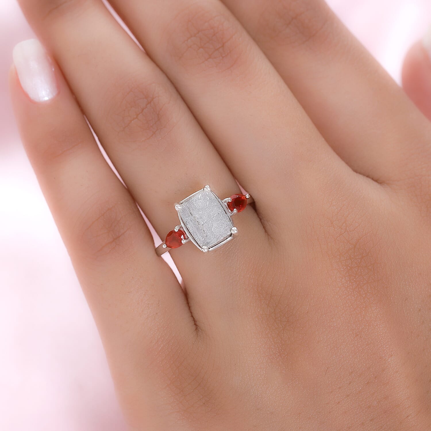 Marvelous Meteorite and Mexican Fire Opal 3 Stone Ring in Platinum Over Sterling Silver (Size 10.0) 0.25 ctw