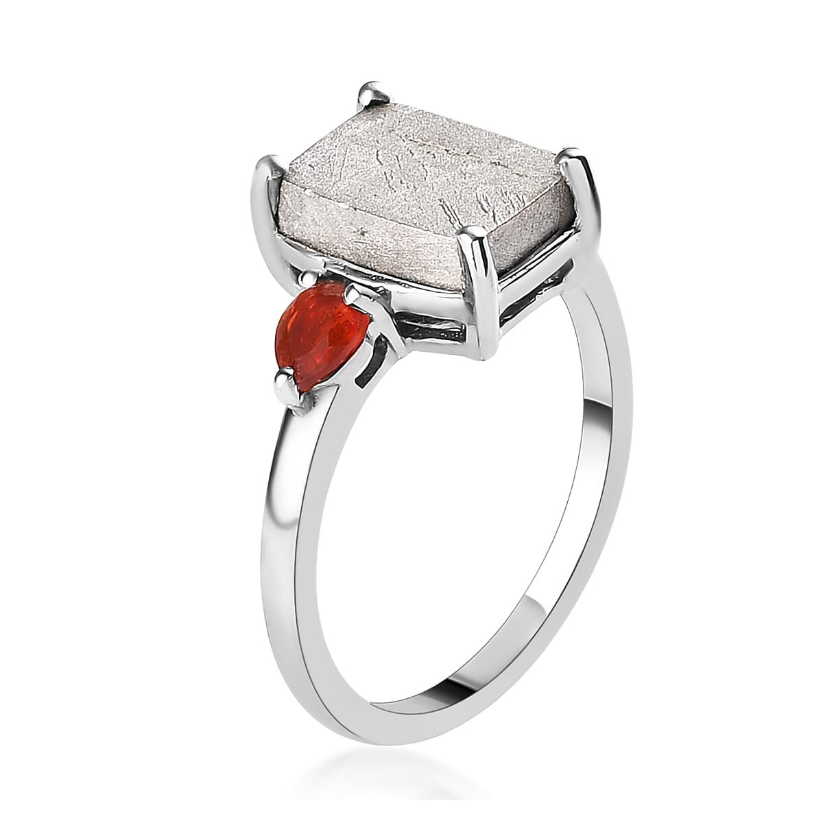 Marvelous Meteorite and Mexican Fire Opal 3 Stone Ring in Platinum Over Sterling Silver (Size 10.0) 0.25 ctw
