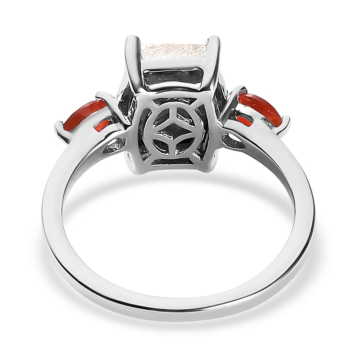 Marvelous Meteorite and Mexican Fire Opal 3 Stone Ring in Platinum Over Sterling Silver (Size 10.0) 0.25 ctw