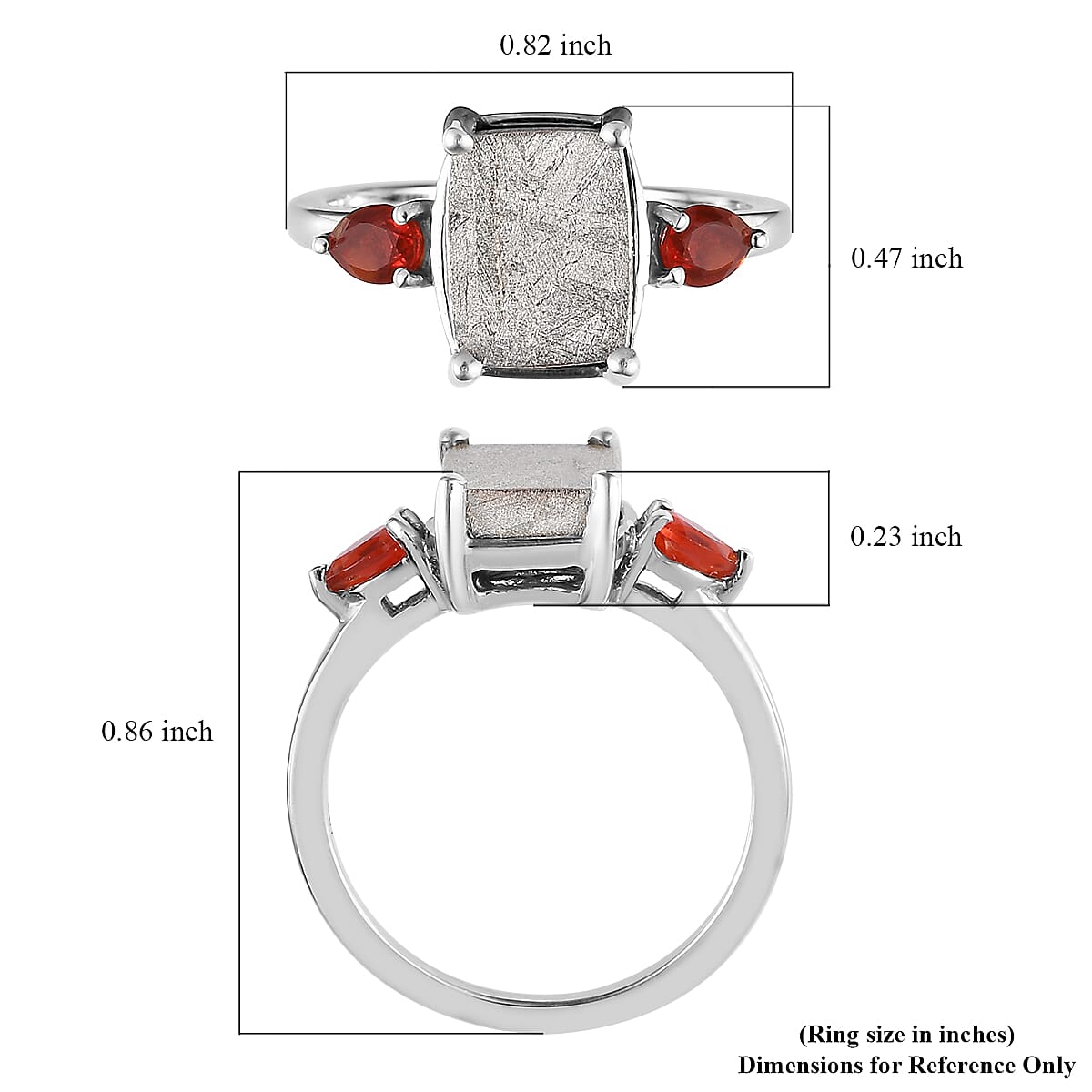 Marvelous Meteorite and Mexican Fire Opal 3 Stone Ring in Platinum Over Sterling Silver (Size 10.0) 0.25 ctw