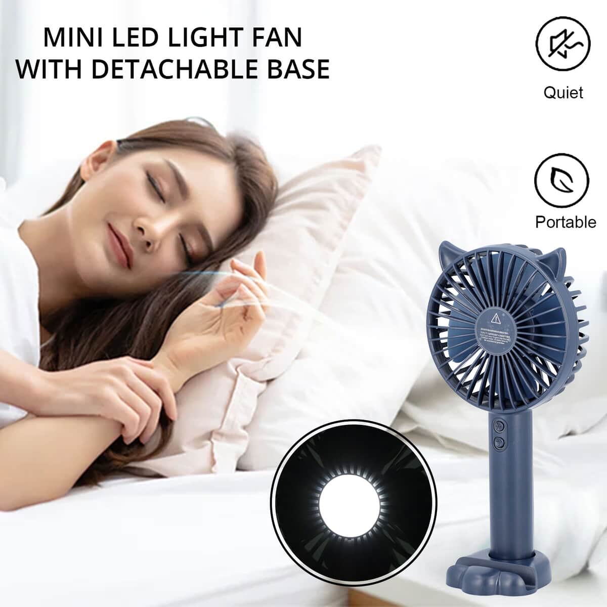 Handy Fan Deep Blue Rechargeable Mini Portable Hand-held LED Light and 3- Speed Fan with Stand and USB Charging Cable (4.5W/1200mAh) image number 1