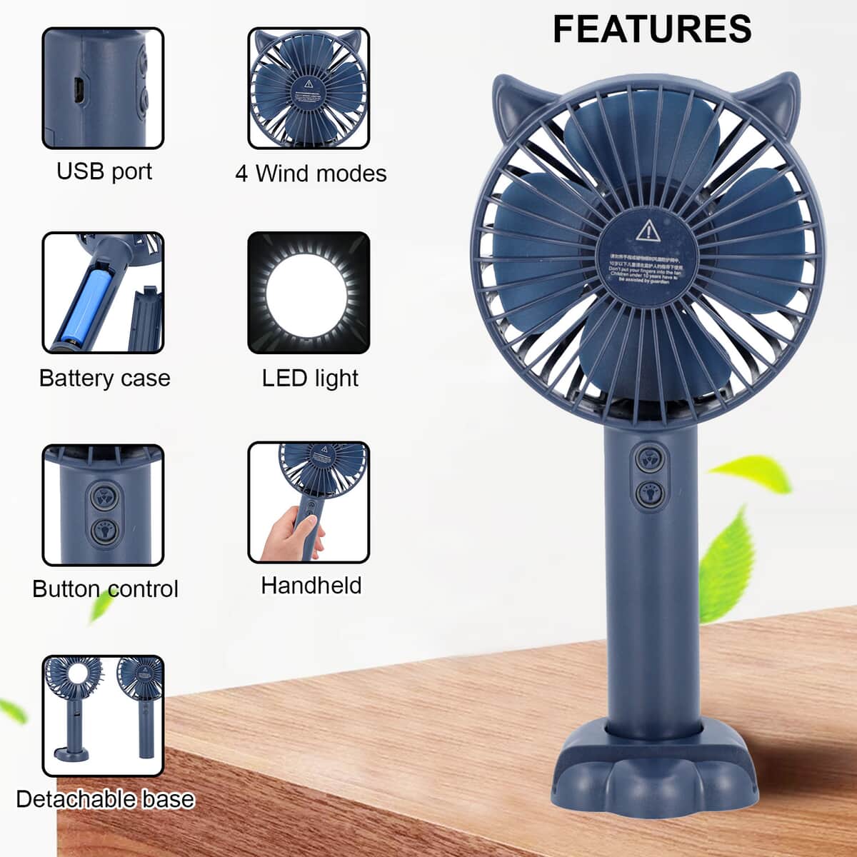 Handy Fan Deep Blue Rechargeable Mini Portable Hand-held LED Light and 3- Speed Fan with Stand and USB Charging Cable (4.5W/1200mAh) image number 2