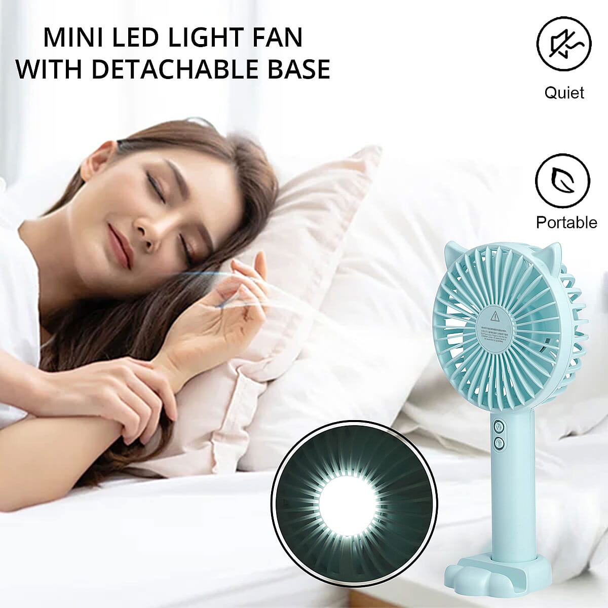 Rechargeable Handheld Fan with 3 Speed Control and LED Light - Light Blue | Portable Fan | Desk Fan | Mini Fan | Personal Fan image number 1