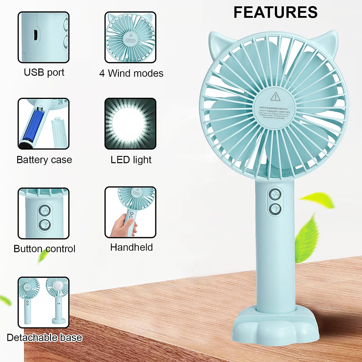 Rechargeable Handheld Fan with 3 Speed Control and LED Light - Light Blue | Portable Fan | Desk Fan | Mini Fan | Personal Fan image number 2