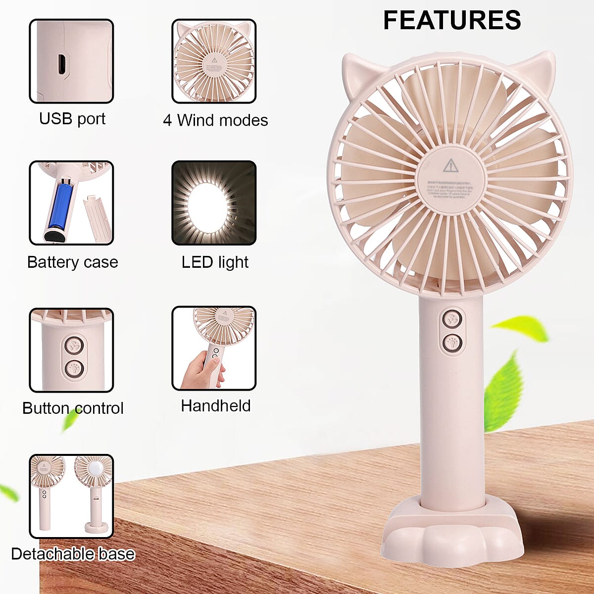 Rechargeable Handheld Fan with 3 Speed Control and LED Light - Pink | Portable Fan | Desk Fan | Mini Fan | Personal Fan image number 2