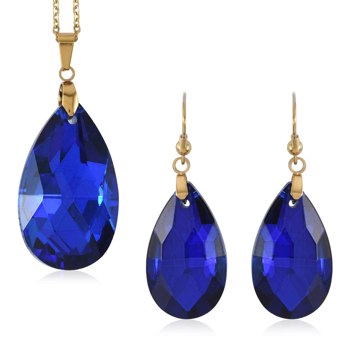 Simulated Blue Sapphire Earrings and Pendant Necklace 20 Inches in ION Plated Yellow Gold Stainless Steel image number 0