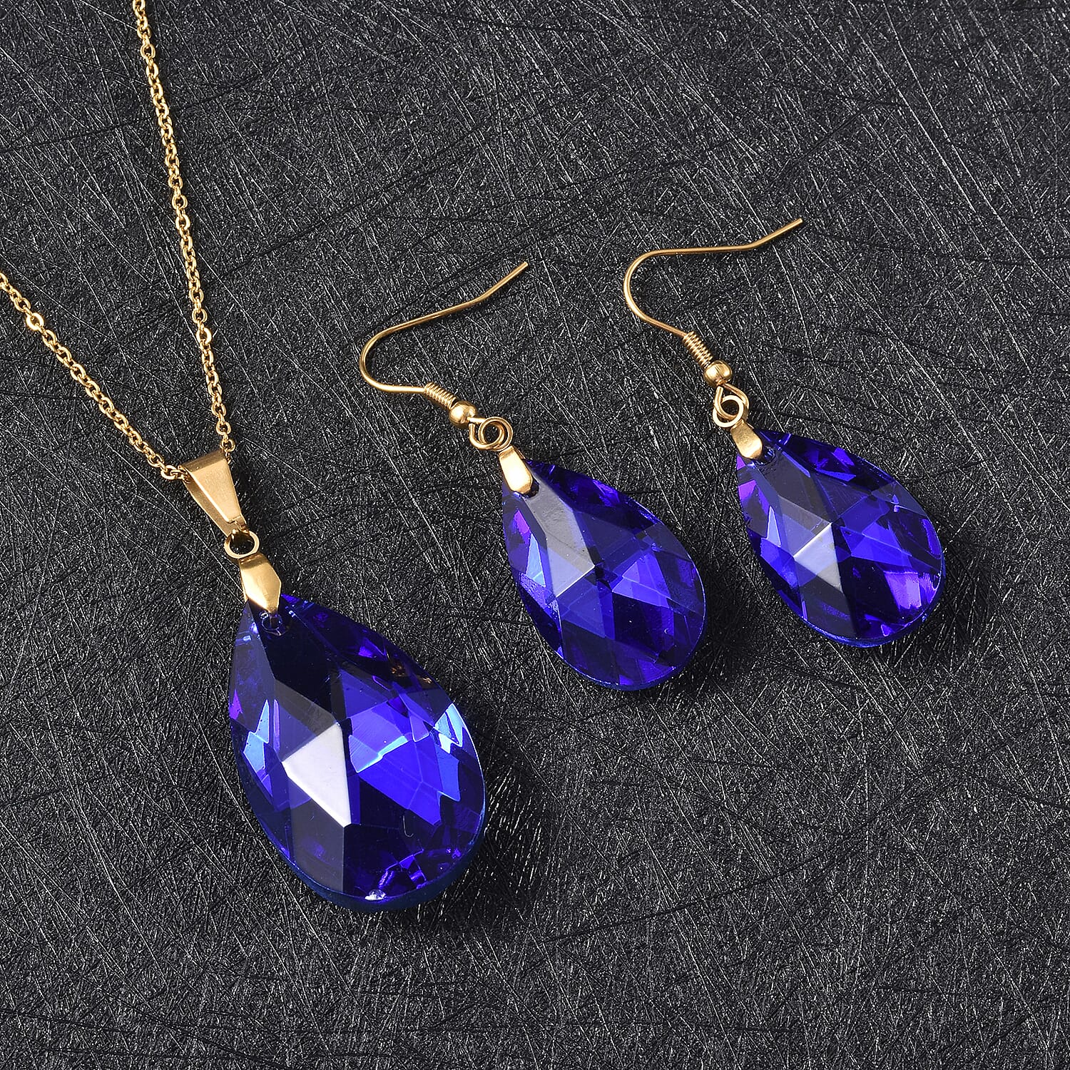 Simulated Blue Sapphire Drop Earrings and Drop Pendant Necklace 20 Inches in ION Plated Yellow Gold Stainless Steel