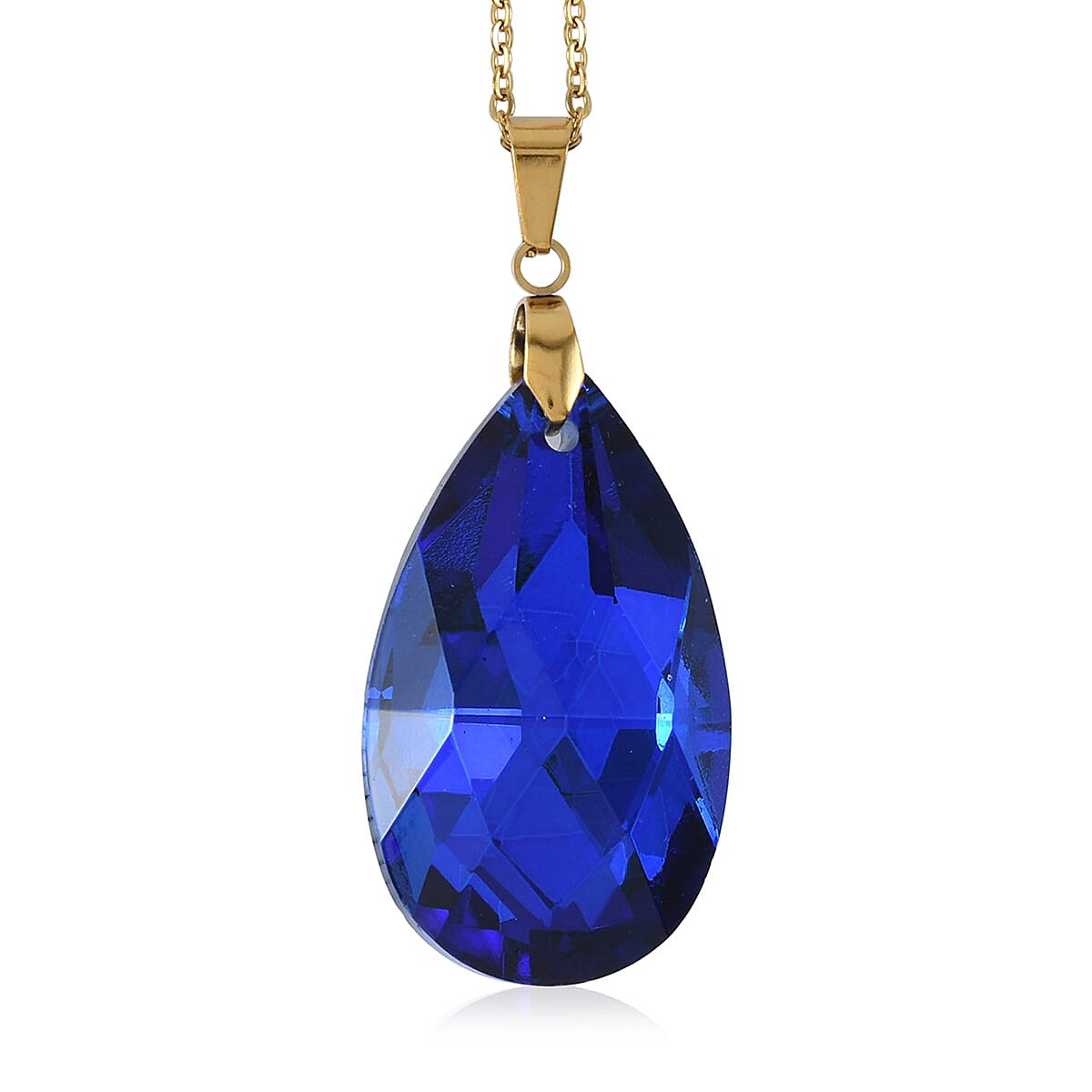 Simulated Blue Sapphire Drop Earrings and Drop Pendant Necklace 20 Inches in ION Plated Yellow Gold Stainless Steel