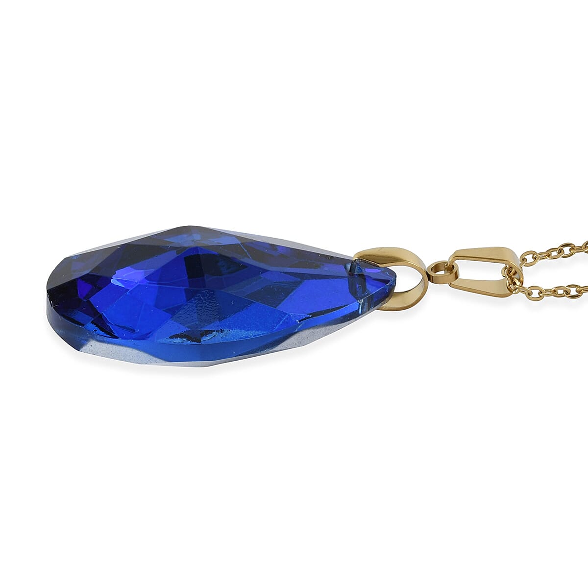 Simulated Blue Sapphire Drop Earrings and Drop Pendant Necklace 20 Inches in ION Plated Yellow Gold Stainless Steel