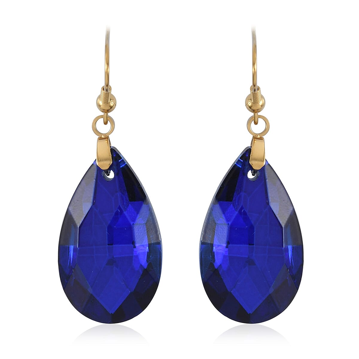 Simulated Blue Sapphire Drop Earrings and Drop Pendant Necklace 20 Inches in ION Plated Yellow Gold Stainless Steel